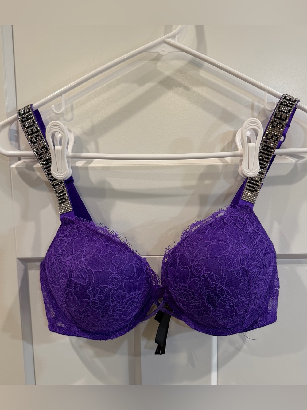 VICTORIA’S SECRET Bra 36B Bombshell Push Up Add 2 Cups Purple Bling Lingerie